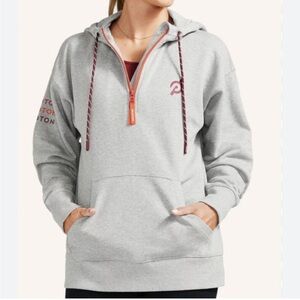 Peloton Womens 1/4 Zip Pullover Hooded Sweatshirt Gray Orange Hoodie Size XL